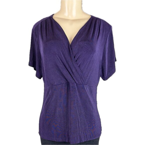 Coldwater Creek L Purple Surplice Neckline Empire Elastic Waist Short Sleeve Top - Picture 2 of 6